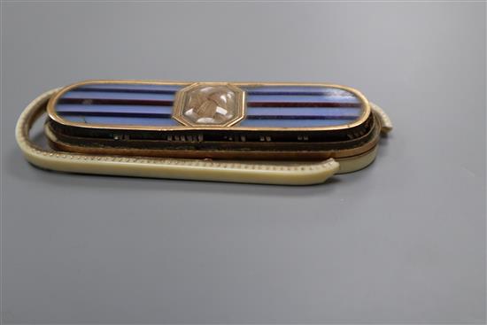 A Regency ivory and enamel toothpick box, with yellow metal overlay, length 8.5cm (a.f.)